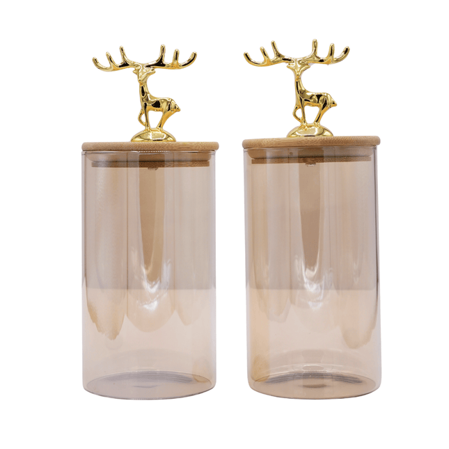 Deer Logo Glass Storage Jar With Wooden Lid 2 Pcs Set