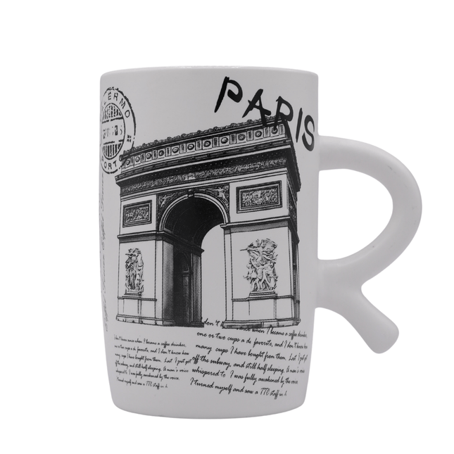 R Handle Paris Print Ceramic Mug